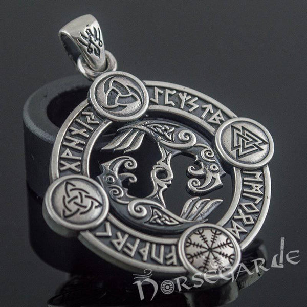 Silver Rune Circular Pattern Handcrafted Rune Circle with Ravens - Sterling Silver