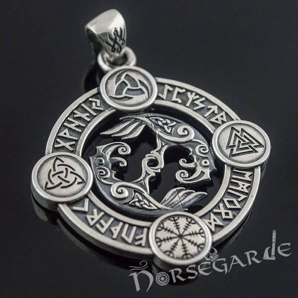 Silver Rune Pattern Handcrafted Rune Circle with Ravens - Sterling Silver