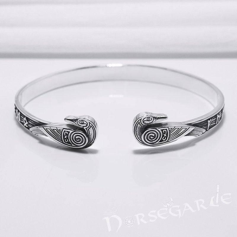 Handcrafted Runes and Ravens Arm Ring - Sterling Silver - Norsegarde