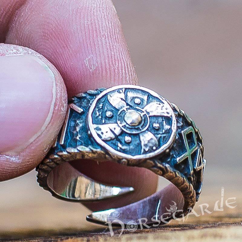 Handcrafted Runes and Shield Band - Sterling Silver - Norsegarde