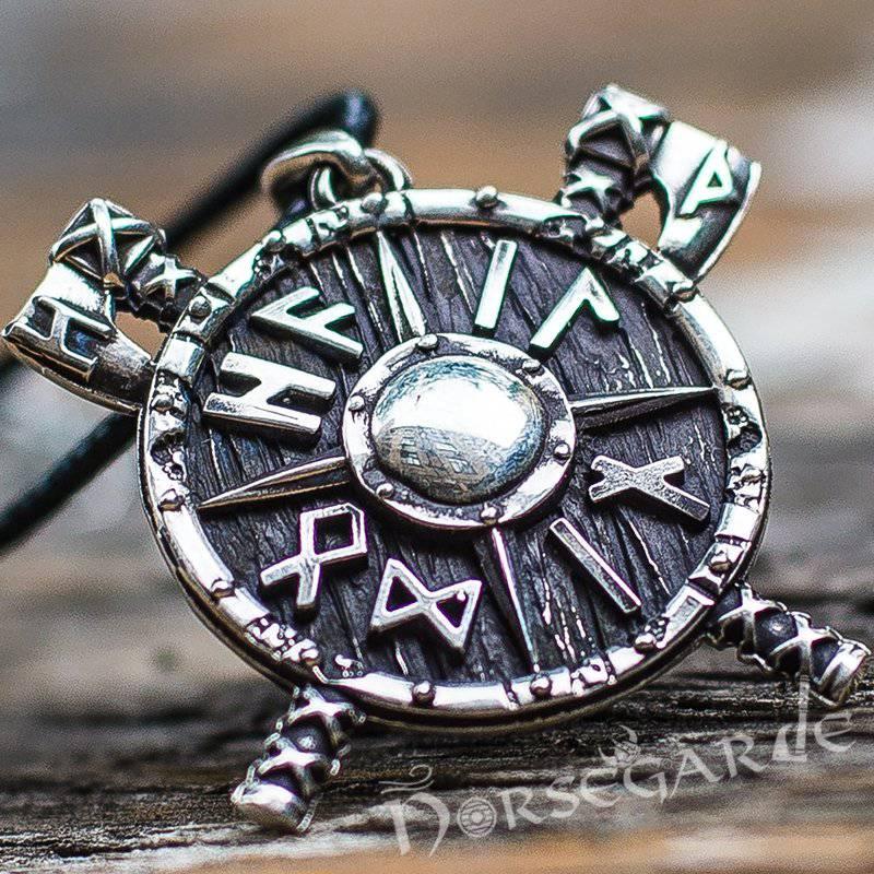 Handcrafted Runic Axes and Shield Pendant - Sterling Silver - Norsegarde
