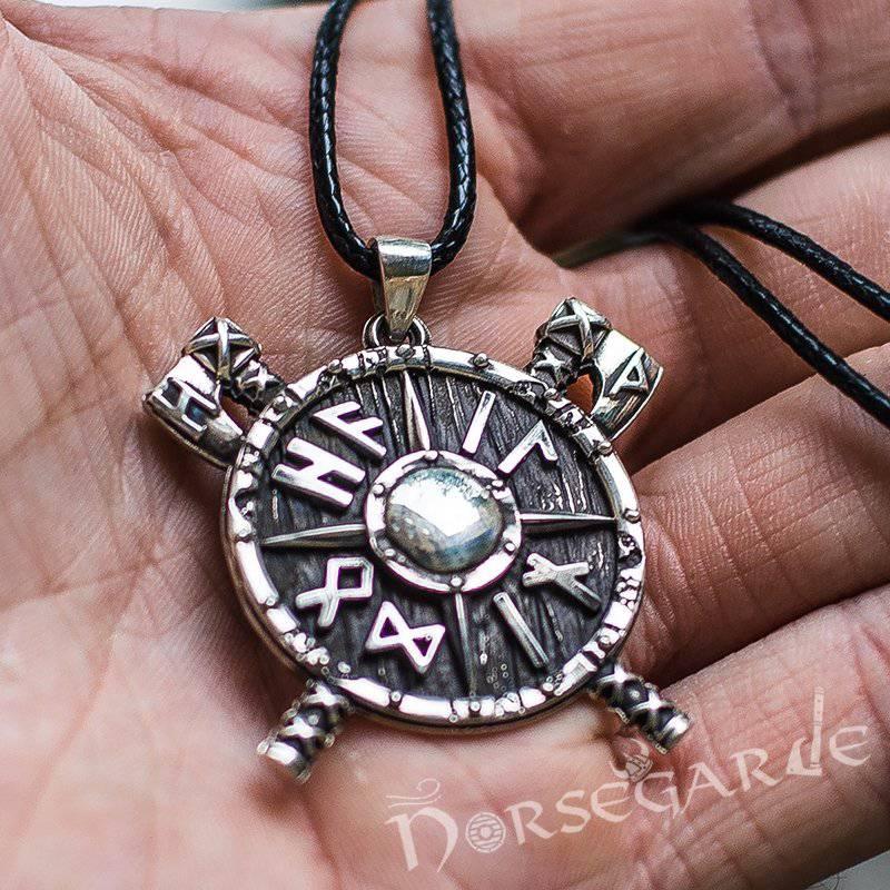 Handcrafted Runic Axes and Shield Pendant - Sterling Silver - Norsegarde
