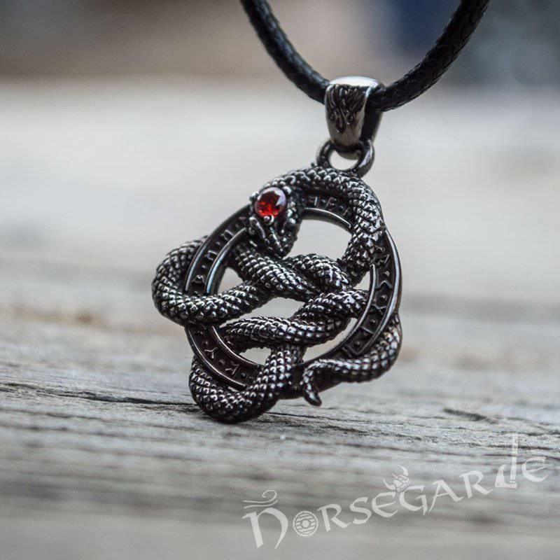 Handcrafted Runic Coiled Jormungandr Pendant - Ruthenium Plated Sterling Silver - Norsegarde
