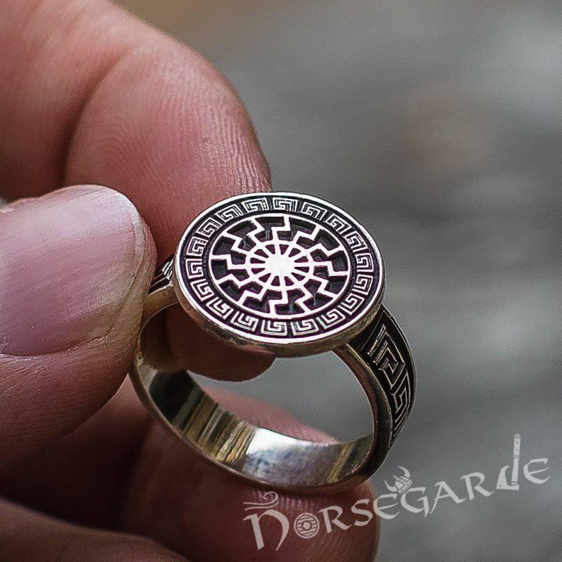 Handcrafted Sunwheel Shield Signet Ring - Sterling Silver - Norsegarde