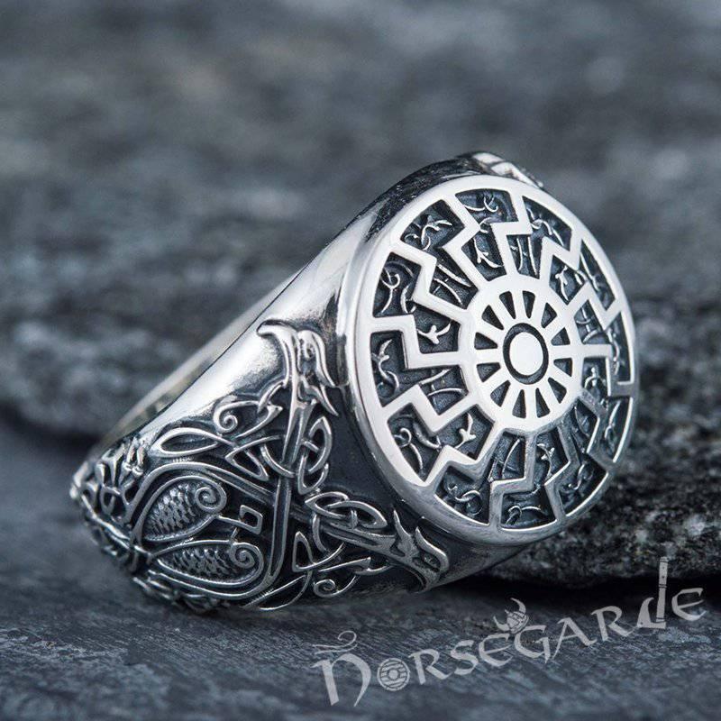 Handcrafted Sunwheel Viking Ornament Ring - Sterling Silver - Norsegarde