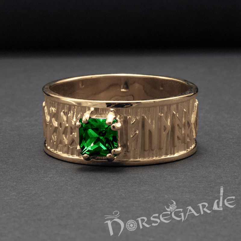 Handcrafted Thick Elder Futhark Band - Gold with Emerald - Norsegarde