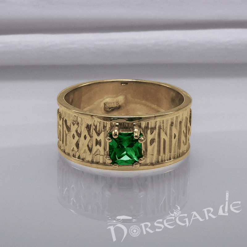 Handcrafted Thick Elder Futhark Band - Gold with Emerald - Norsegarde
