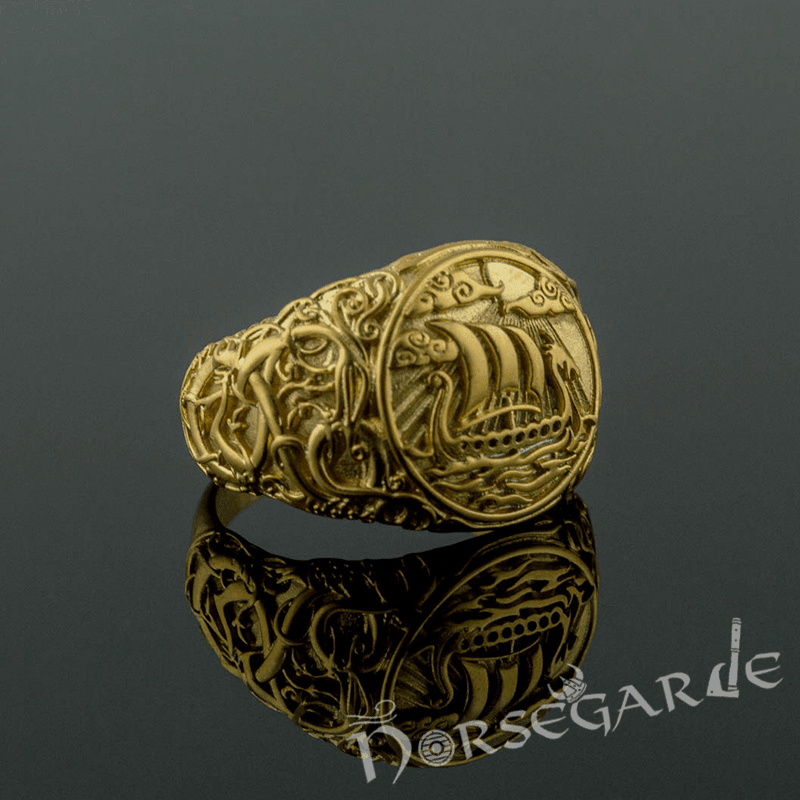 Handcrafted Urnes Style Drakkar Ring - Gold - Norsegarde