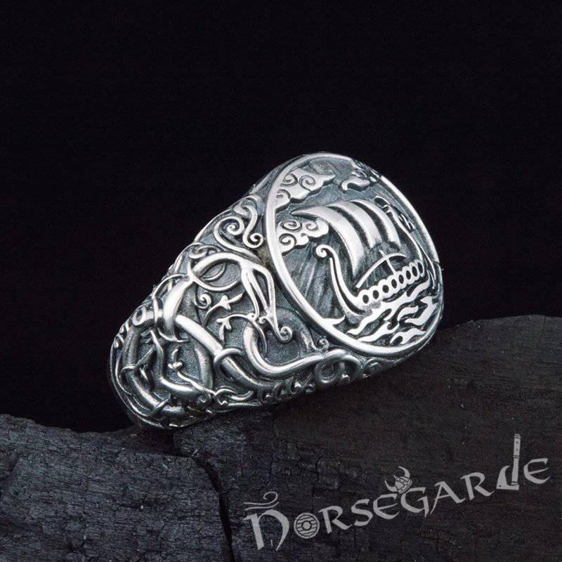Handcrafted Urnes Style Drakkar Ring - Sterling Silver - Norsegarde