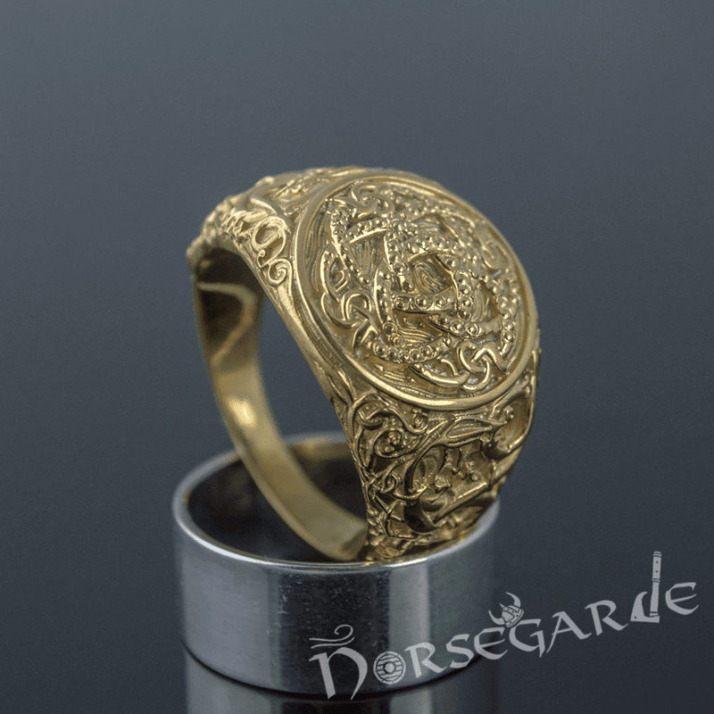 Handcrafted Urnes Style Jormungandr Ring - Gold - Norsegarde
