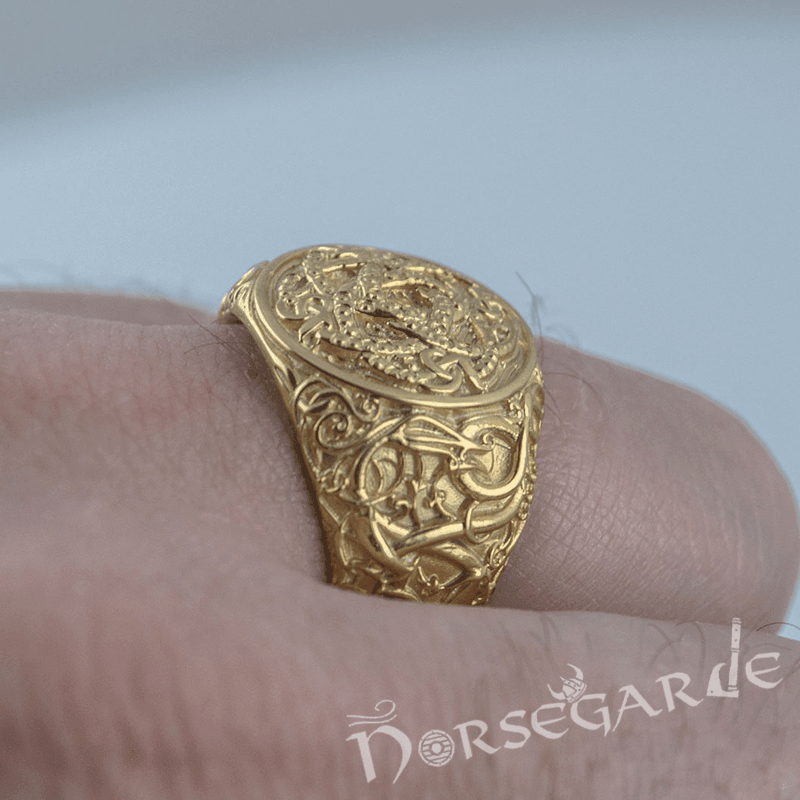 Handcrafted Urnes Style Jormungandr Ring - Gold - Norsegarde