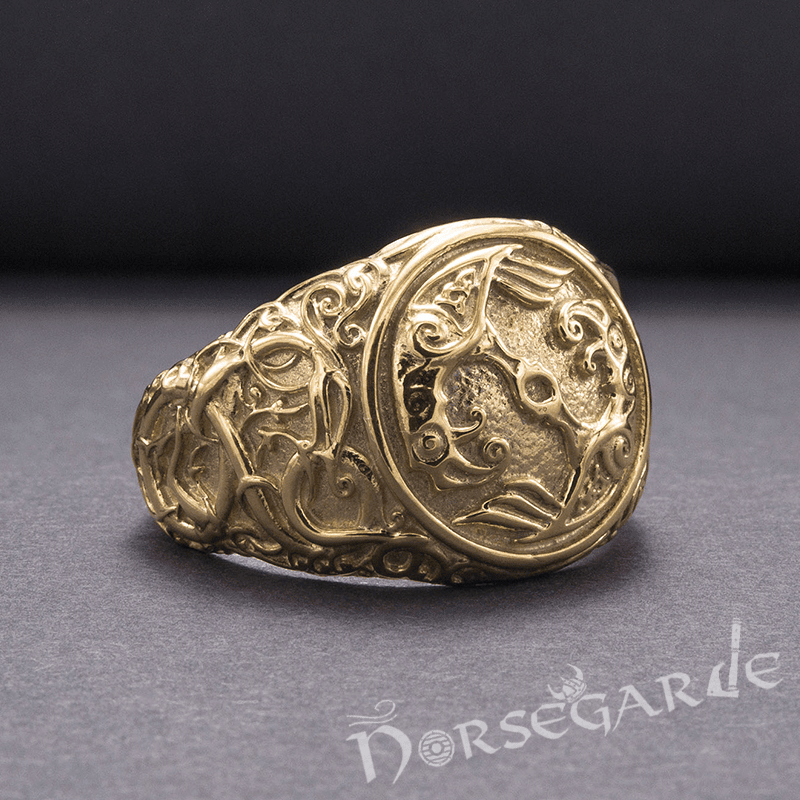 Handcrafted Urnes Style Ravens Ring - Gold - Norsegarde