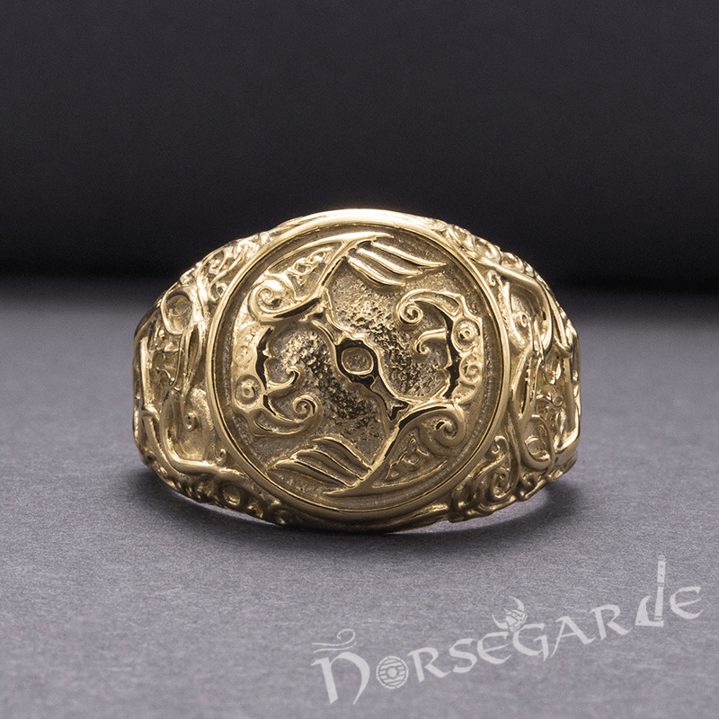 Handcrafted Urnes Style Ravens Ring - Gold - Norsegarde
