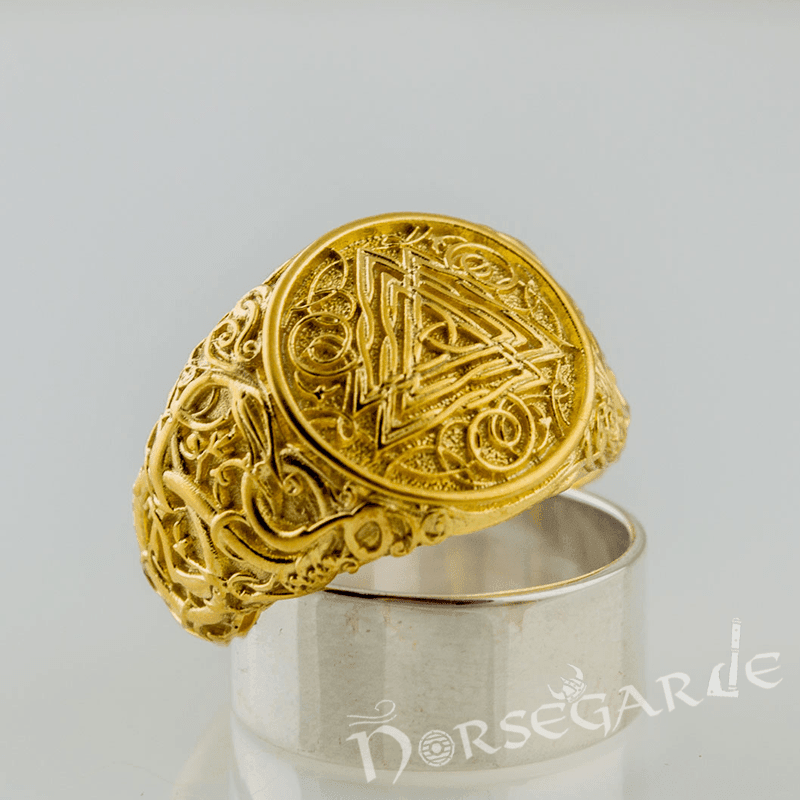 Handcrafted Urnes Style Valknut Ring - Gold - Norsegarde