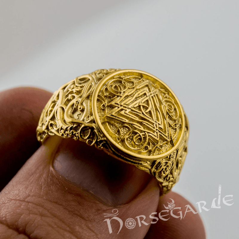 Handcrafted Urnes Style Valknut Ring - Gold - Norsegarde