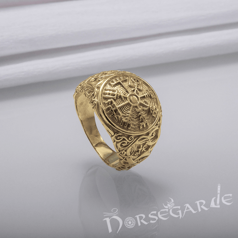 Handcrafted Urnes Style Vegvisir Ring - Gold - Norsegarde