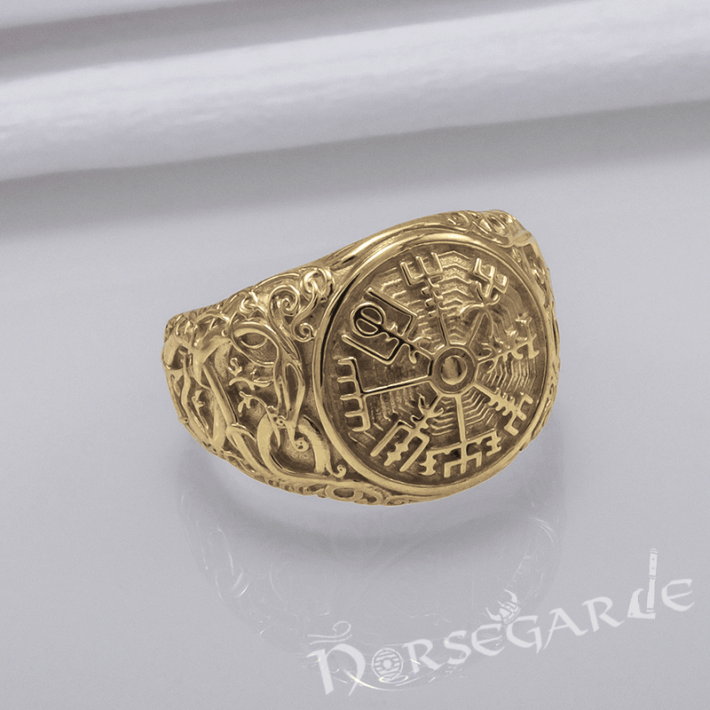 Handcrafted Urnes Style Vegvisir Ring - Gold - Norsegarde