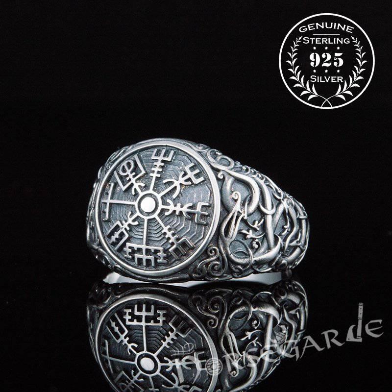 Handcrafted Urnes Style Vegvisir Ring - Sterling Silver - Norsegarde