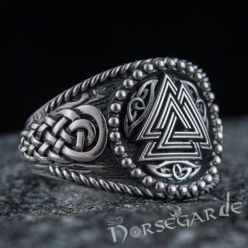 Handcrafted Valknut Braid Ornament Signet Ring - Sterling Silver - Norsegarde