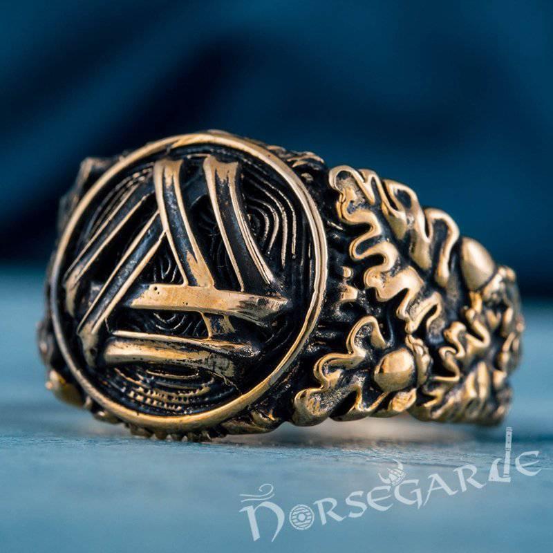 Handcrafted Valknut Oak Leaves Ring - Bronze - Norsegarde