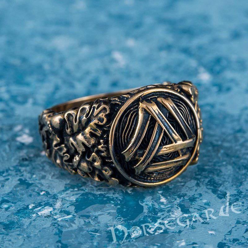 Handcrafted Valknut Oak Leaves Ring - Bronze - Norsegarde