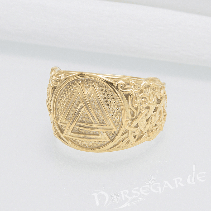 Handcrafted Valknut Rune Mammen Style Ring - Gold - Norsegarde