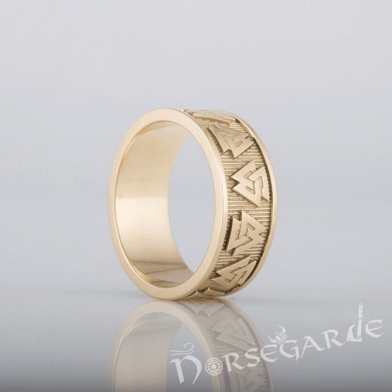 Handcrafted Valknut Runes Band - Viking Gold Ring