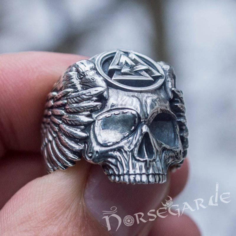 Handcrafted Valknut Skull and Ravens Ring - Sterling Silver - Norsegarde