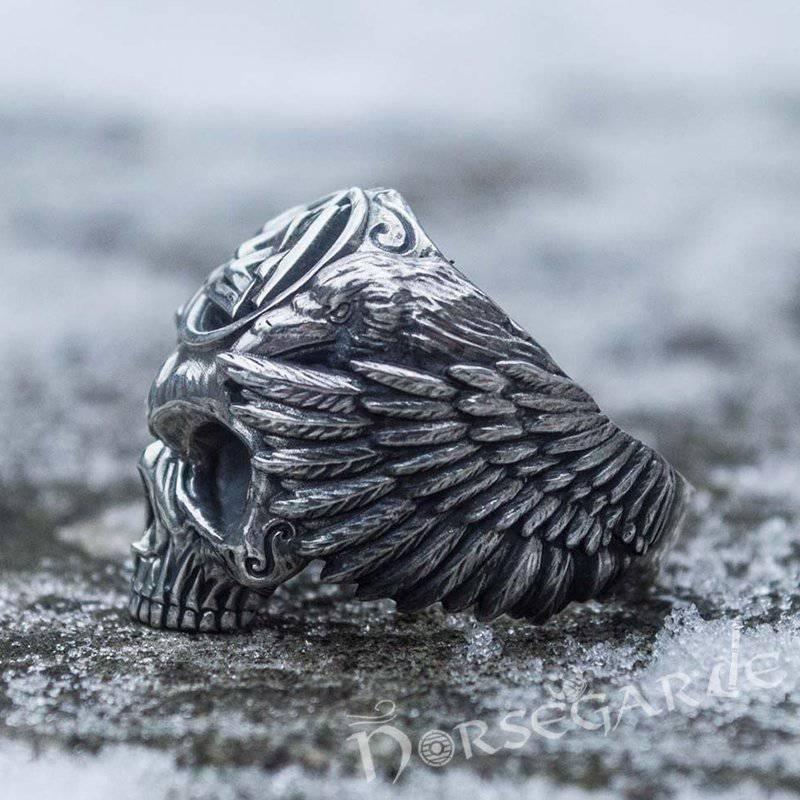 Handcrafted Valknut Skull and Ravens Ring - Sterling Silver - Norsegarde