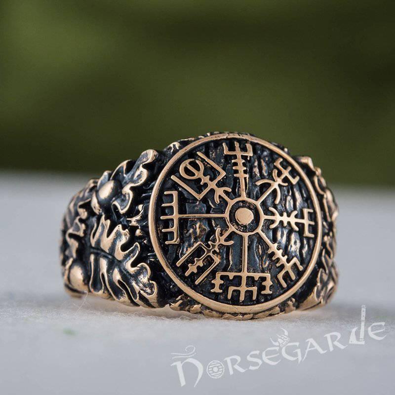 Handcrafted Vegvisir Rune Oak Leaves Ring - Bronze - Norsegarde