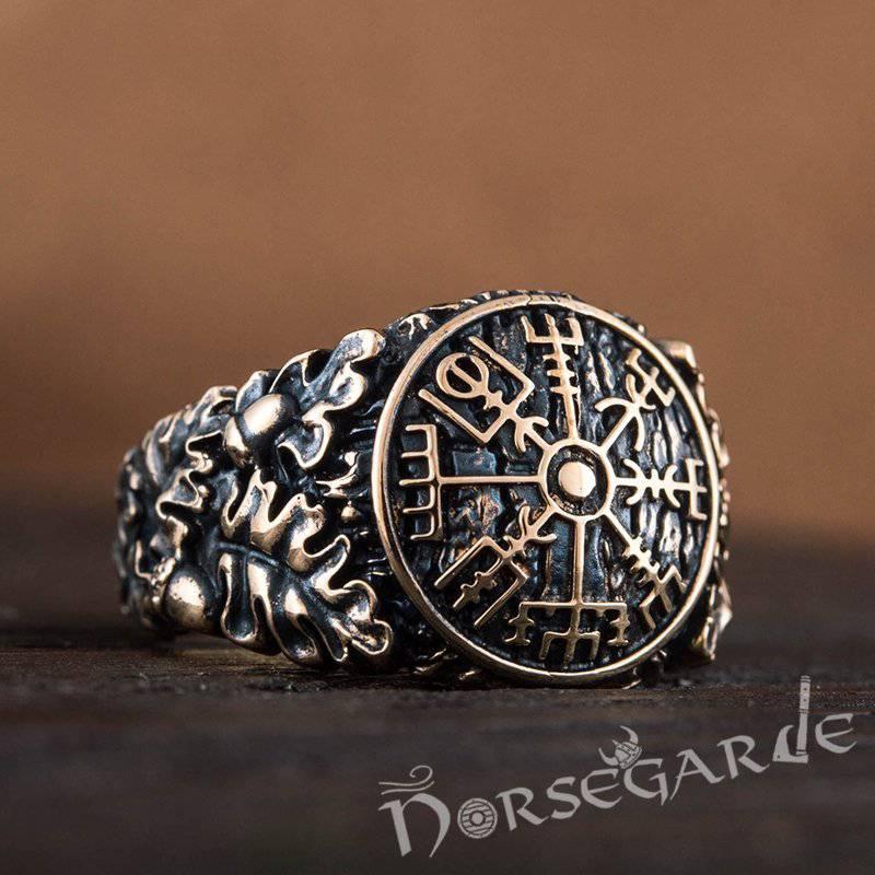 Handcrafted Vegvisir Rune Oak Leaves Ring - Bronze - Norsegarde
