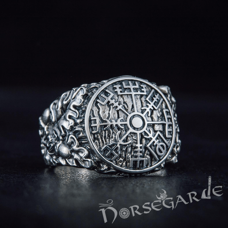 Handcrafted Vegvisir Rune Oak Leaves Ring - Sterling Silver - Norsegarde