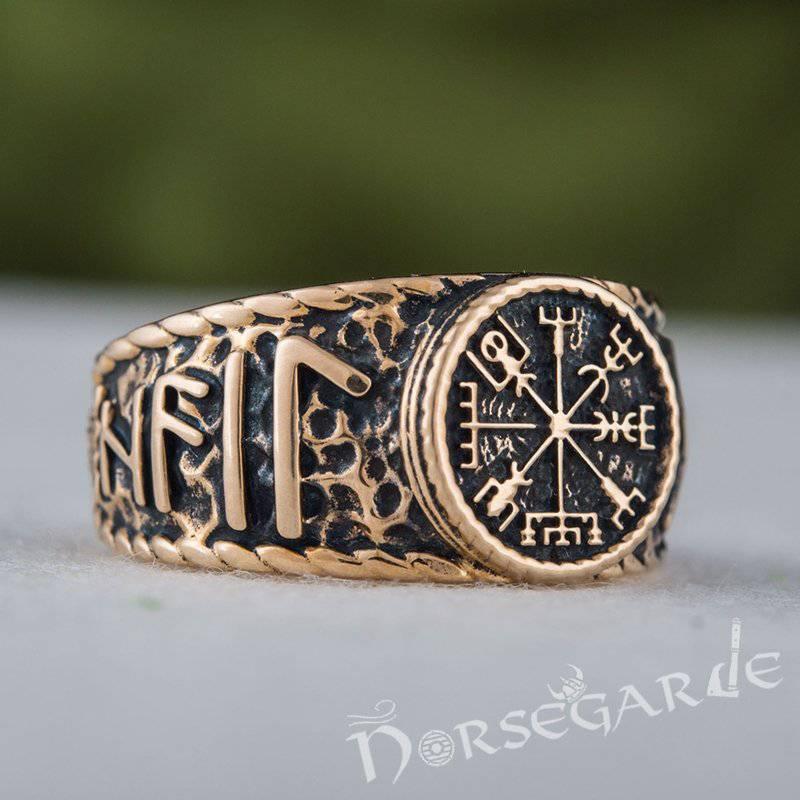 Handcrafted Vegvisir Runic Signet Ring - Bronze - Norsegarde
