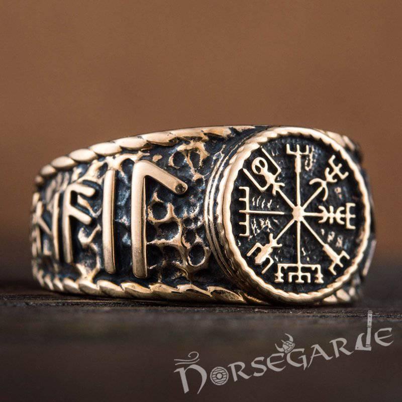 Handcrafted Vegvisir Runic Signet Ring - Bronze - Norsegarde