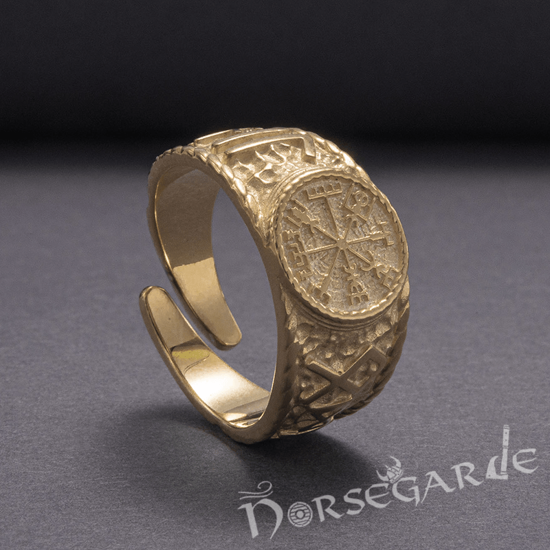 Handcrafted Vegvisir Runic Signet Ring - Gold - Norsegarde