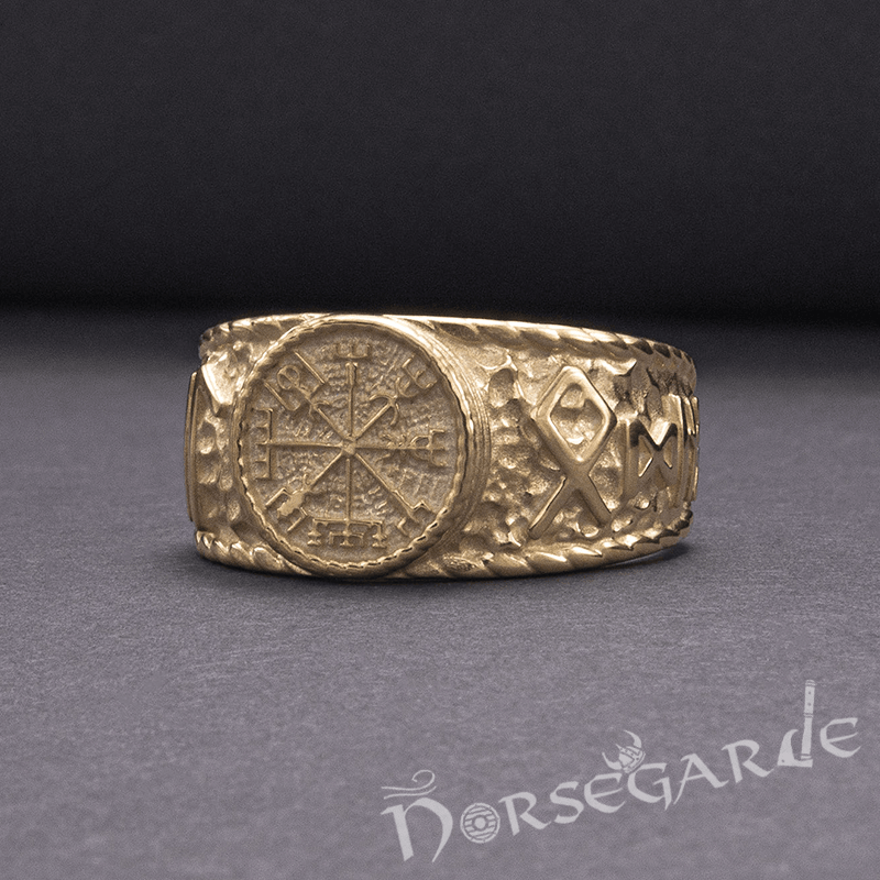 Handcrafted Vegvisir Runic Signet Ring - Gold - Norsegarde
