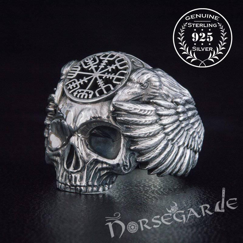 Handcrafted Vegvisir Skull and Ravens Ring - Sterling Silver - Norsegarde