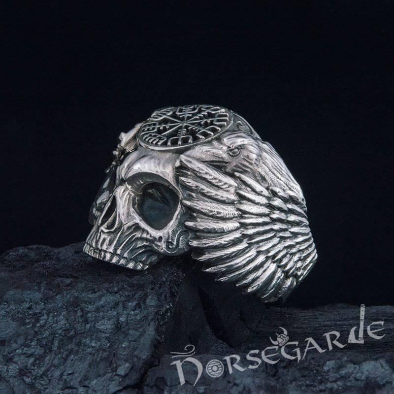 Handcrafted Vegvisir Skull and Ravens Ring - Sterling Silver - Norsegarde