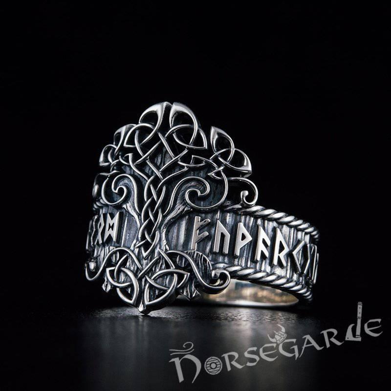 Handcrafted Yggdrasil and Runic Circle Ring - Sterling Silver - Norsegarde