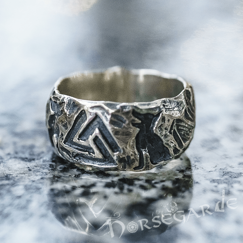Handcrafted Wolves and Valknut Band - Sterling Silver - Norsegarde