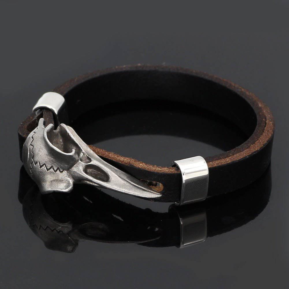 Rustic Raven Skull Leather Bracelet - Stainless Steel - Norsegarde