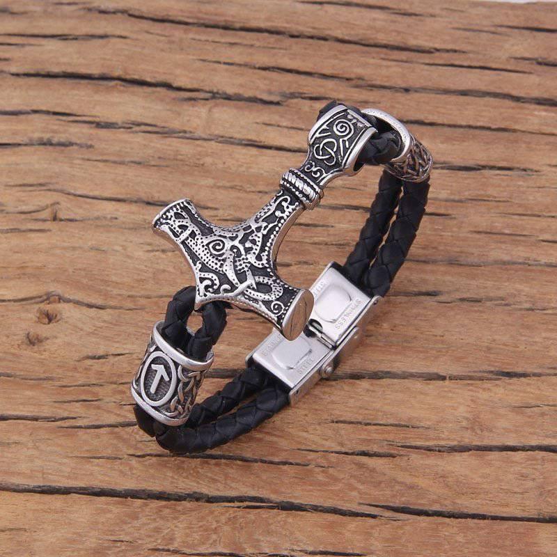 Thor's Hammer Leather Clasp Bracelet - Stainless Steel - Norsegarde