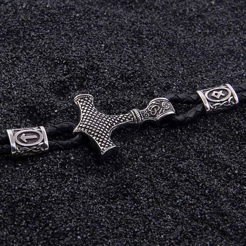 Thor's Hammer Leather Clasp Bracelet - Stainless Steel - Norsegarde