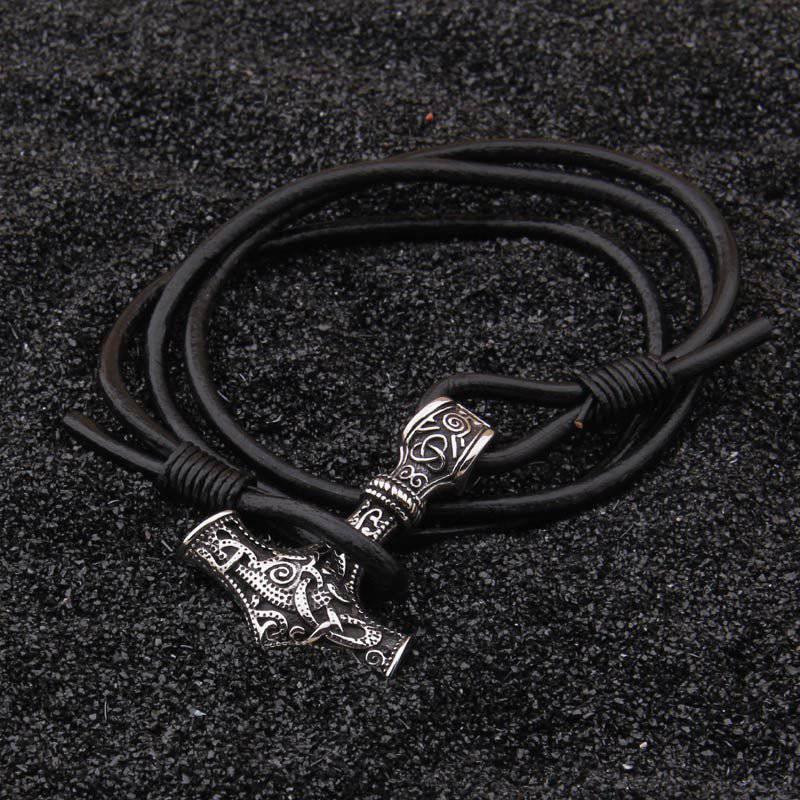 Thor's Hammer Leather Rope Bracelet - Stainless Steel - Norsegarde