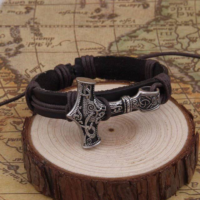 Thor's Hammer Leather Strap Bracelet - Stainless Steel - Norsegarde