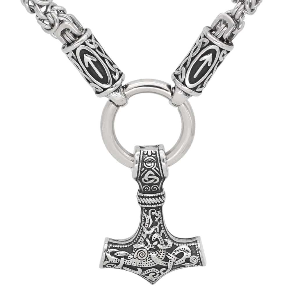 Tyr's Runed King's Chain with Mjölnir - Stainless Steel - Norsegarde