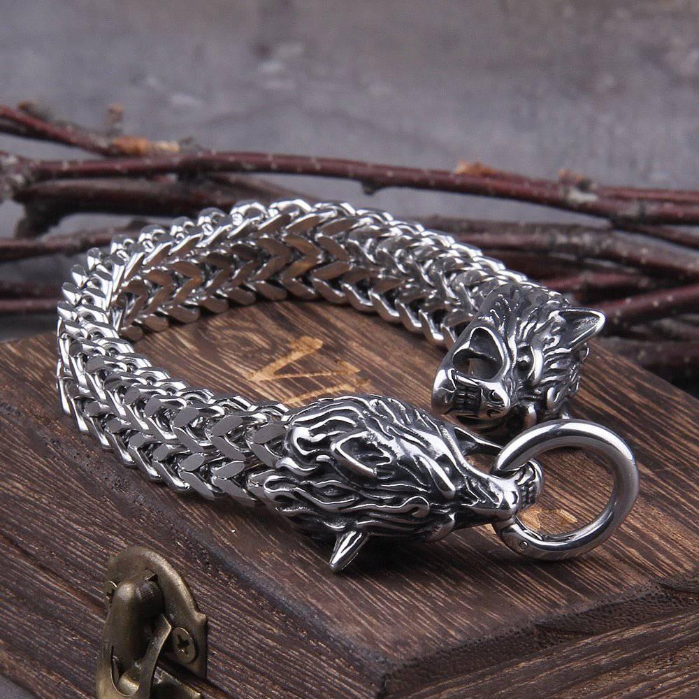 Small Stainless Steel Wolf Head Torc Bracelet - Norse Spirit